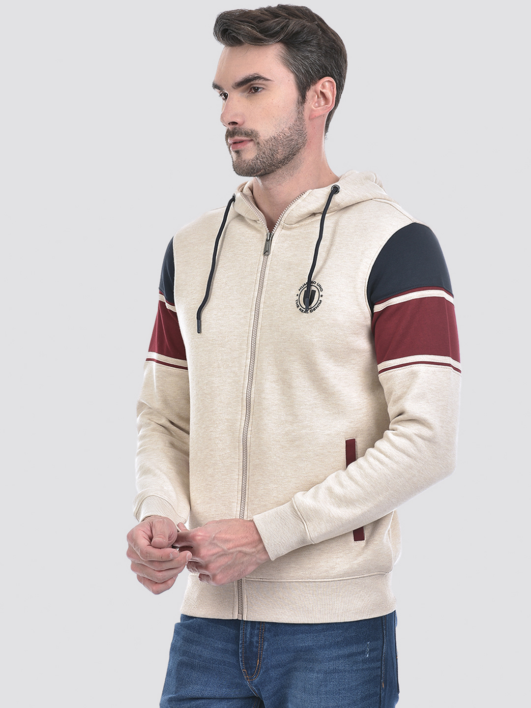 Numero Uno Men Cream Color Block Hooded Neck Brushed Fleece Sweatshirt